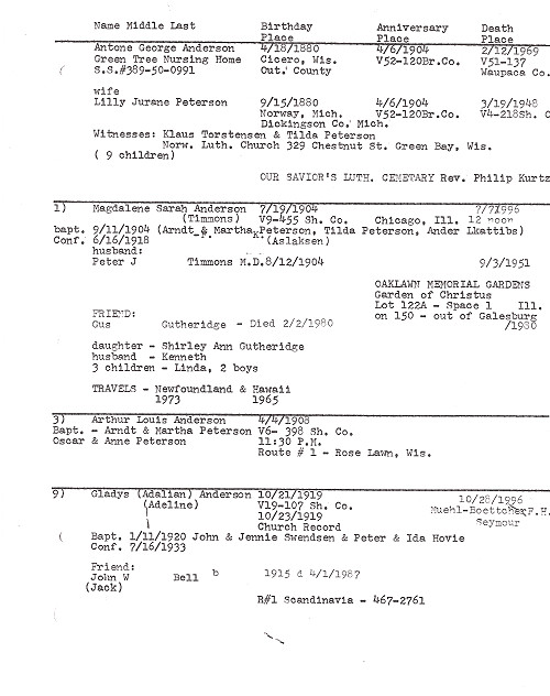 Anderson Family Tree Notes - Norway to Wisconsin - Lorelle VanFossen.