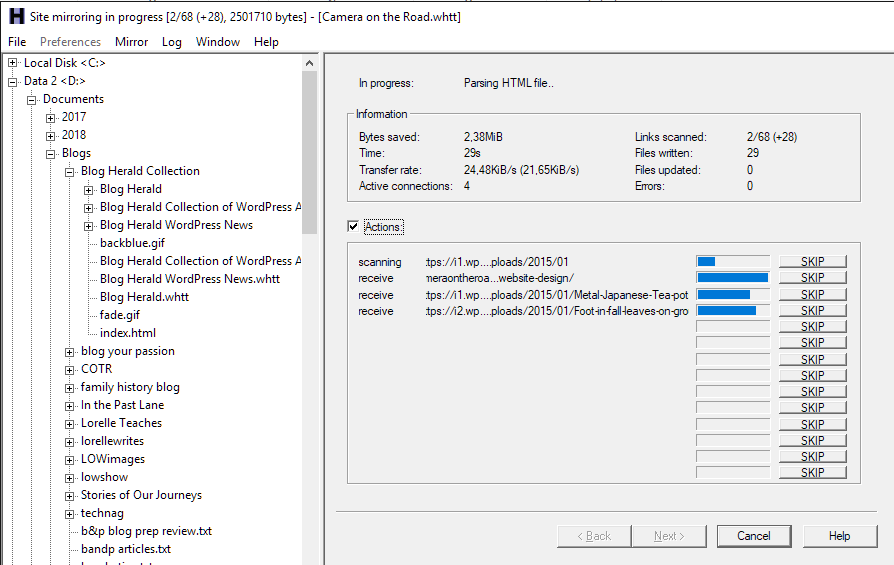 HTTrack Website Downloader downloading a website.