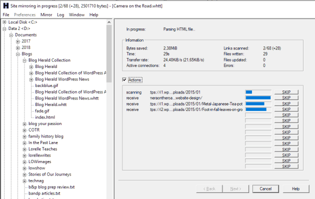 HTTrack Website Downloader downloading a website.