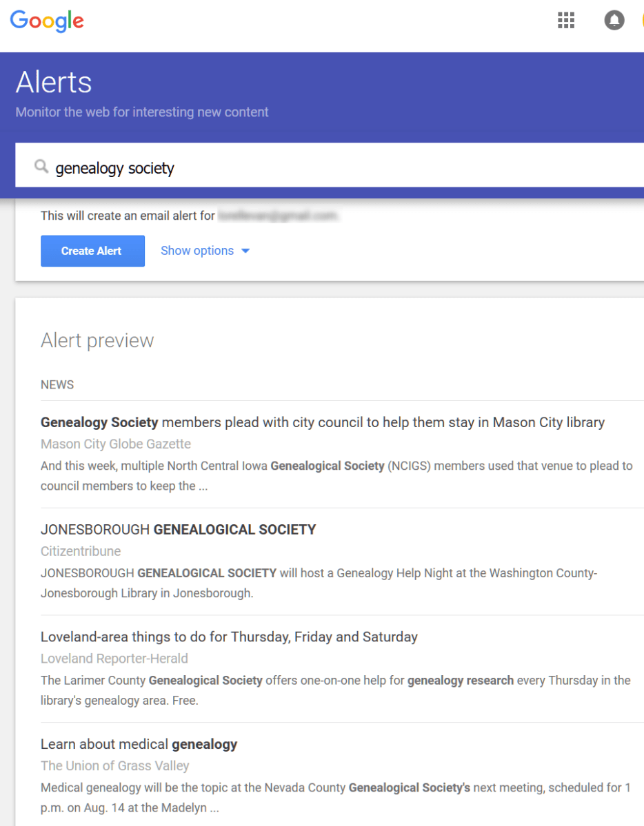 Google Alerts - Search Results to Create an Alert for Genealogy Society - Lorelle in the Past Lane.