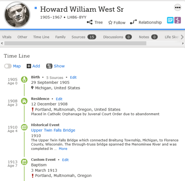 Howard West Sr FamilySearch Timeline feature