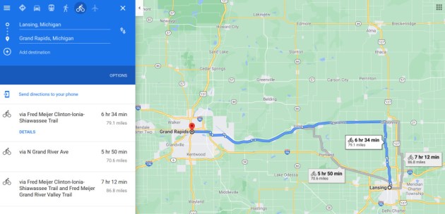 Google Maps tracing the journey and travel time. 